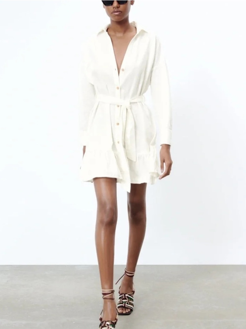 Zara linen Button-Front Tie-Waist Shirt Dress in Cream XS nwt
